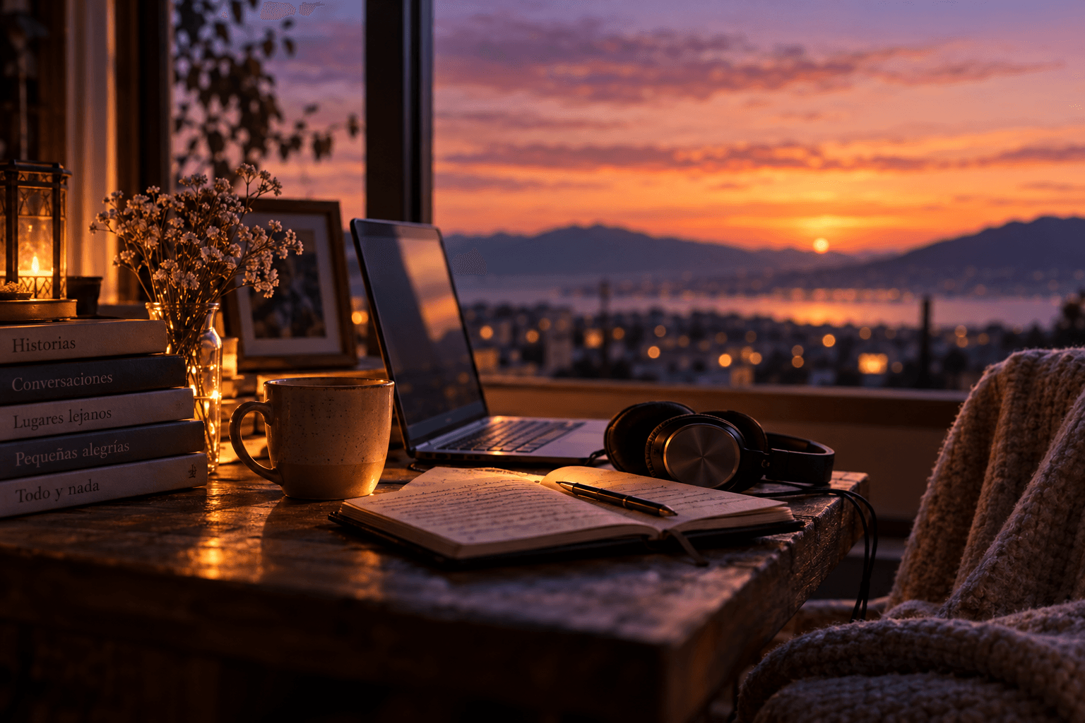 Un escritorio con libros, un ordenador y auriculares junto a una ventana iluminada por el atardecer.